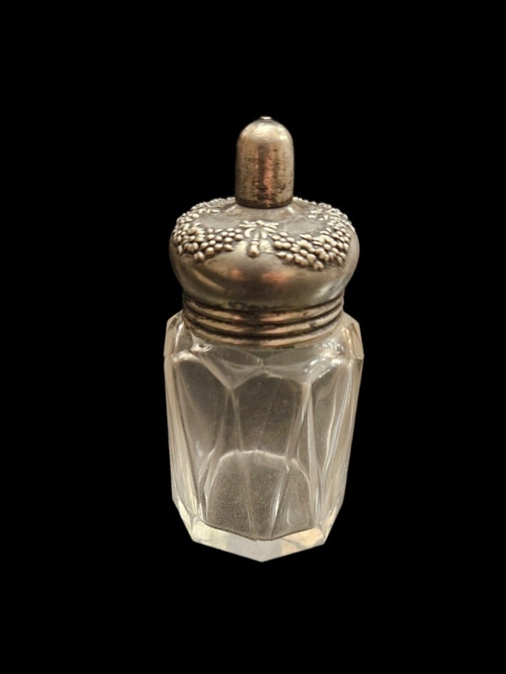 Antique La Pierre Sterling Silver Cut Glass Powder Jar Floral Repousse Lid 3"